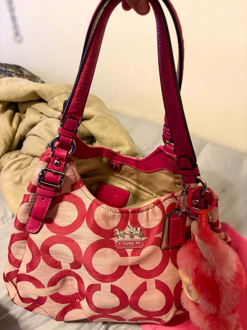 Coach Pink Signature Canvas Shoulder Bag with Magenta Trim